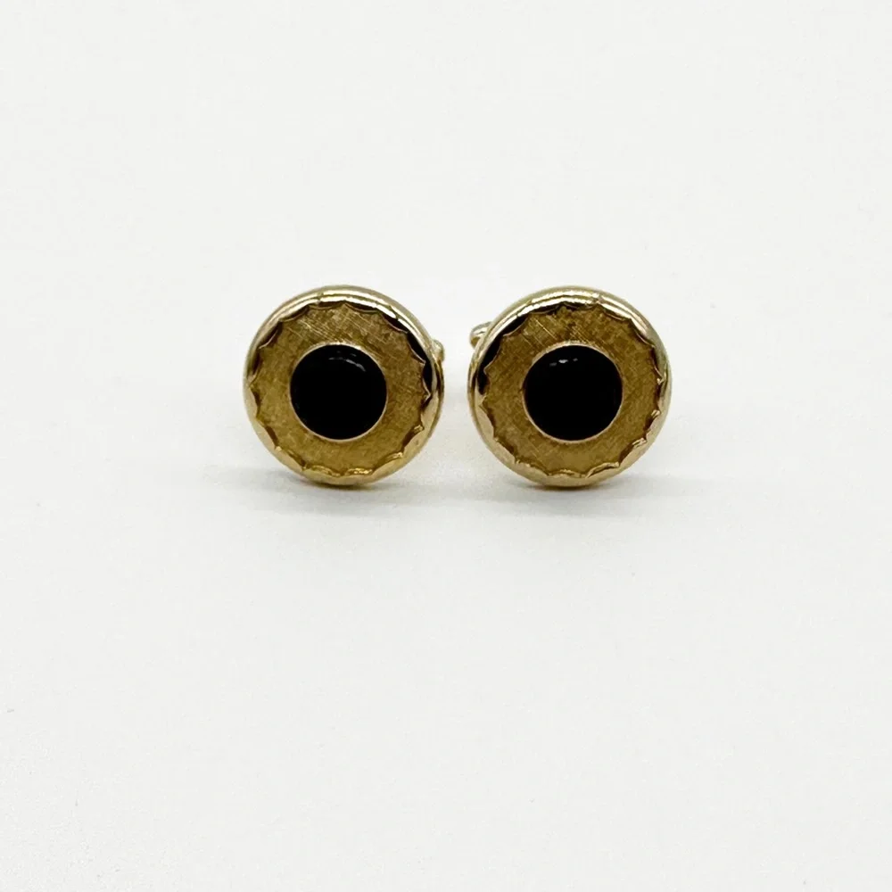 Vintage Brushed Gold Tone & Onyx Round Cufflinks